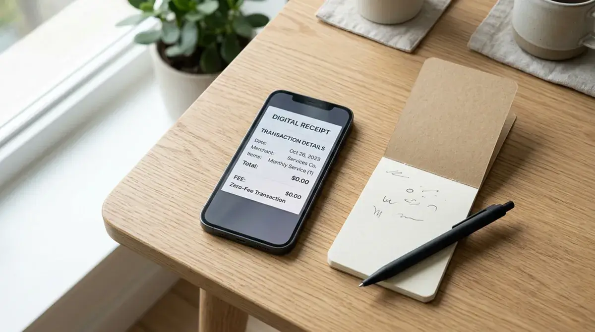 Detalle de una factura digital con líneas de coste cero junto a un teléfono con la app de Bizum