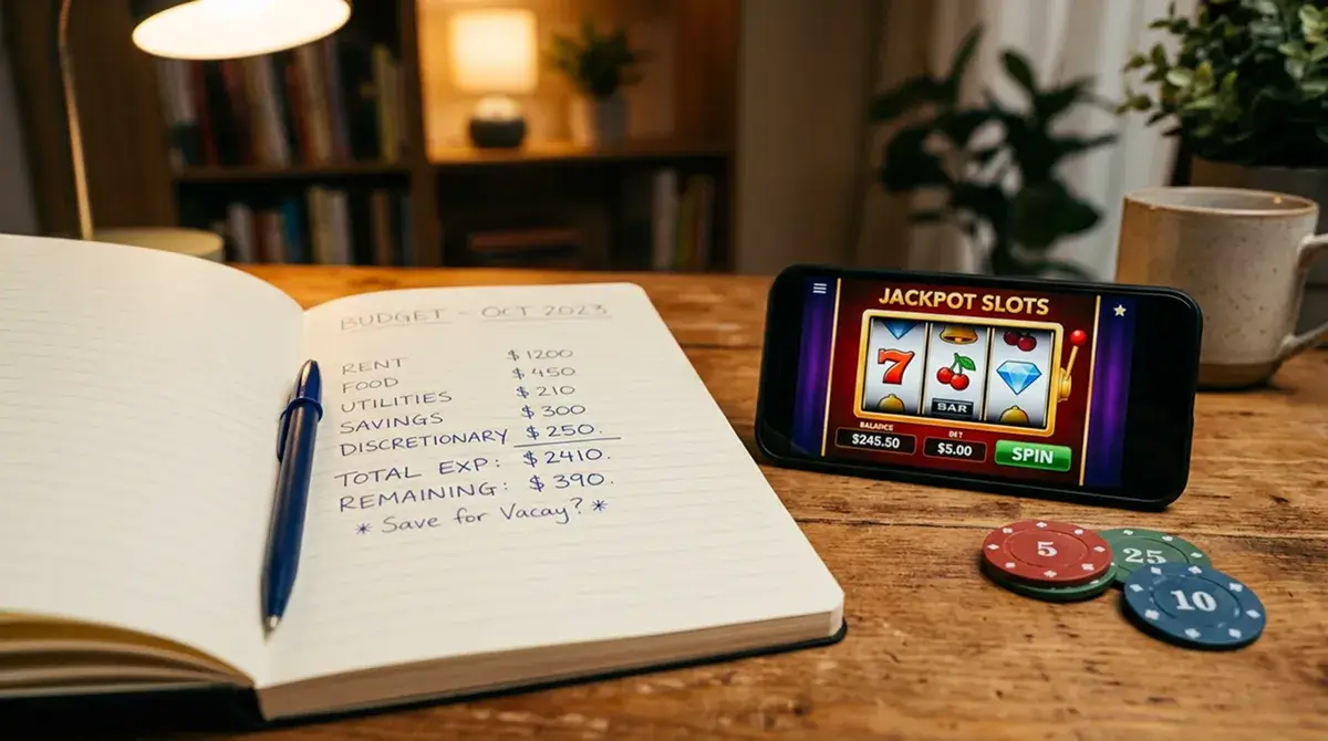 Libreta con anotaciones de presupuesto de juego junto a un teléfono móvil con la app de un casino abierta