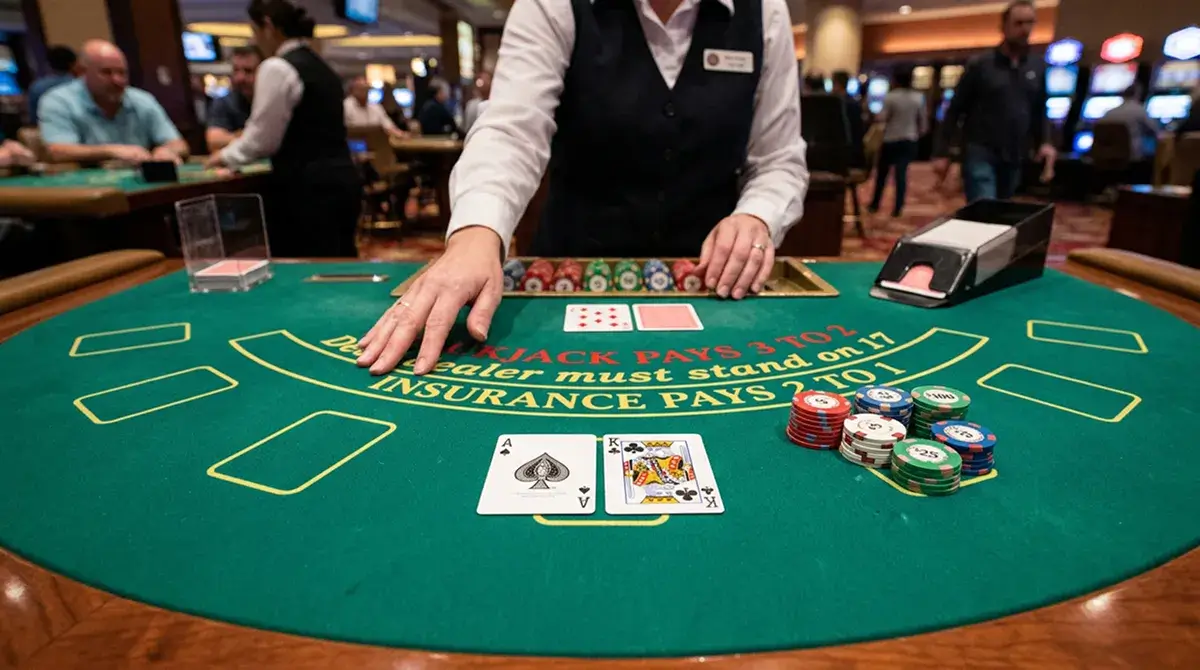 Mesa de blackjack vista desde la perspectiva del jugador con dos cartas repartidas y fichas apiladas