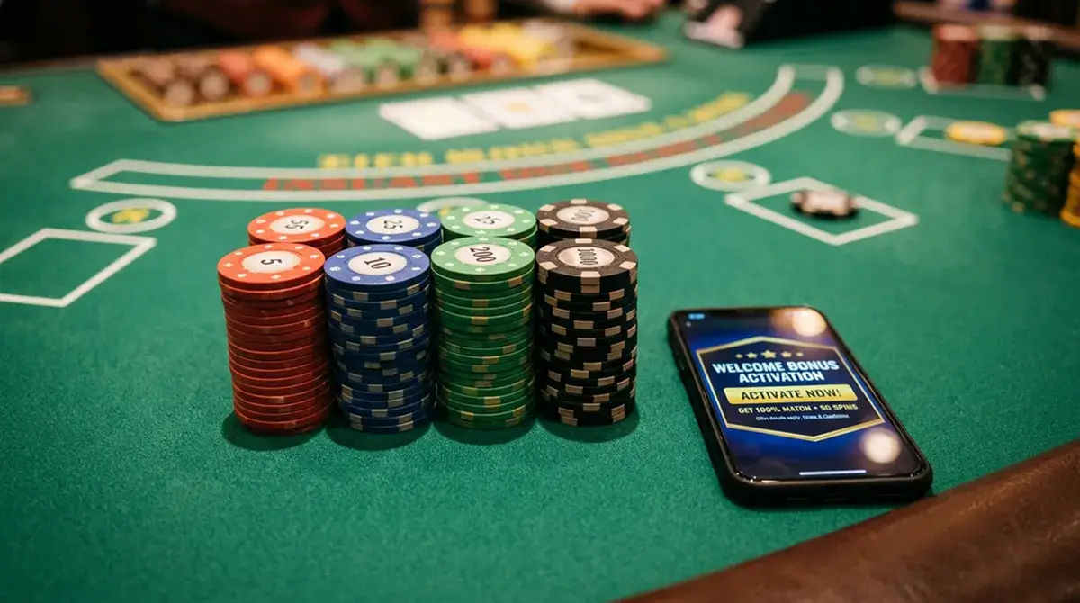 Fichas de casino apiladas junto a un teléfono móvil con la interfaz de activación de un bono de bienvenida
