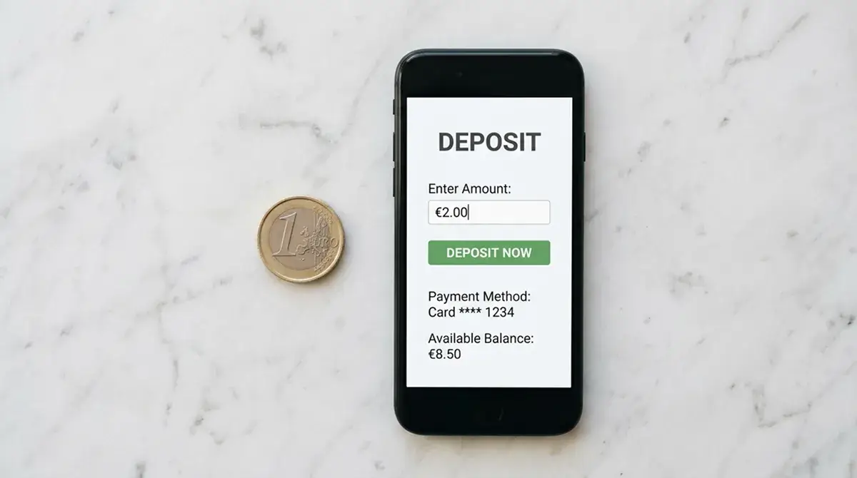 Moneda de un euro junto a un teléfono móvil con la pantalla de depósito de un casino online