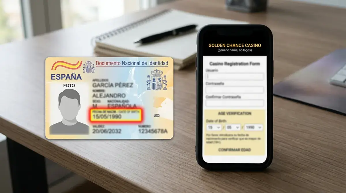 Documento de identidad con la fecha de nacimiento visible junto a un teléfono con la pantalla de registro de un casino