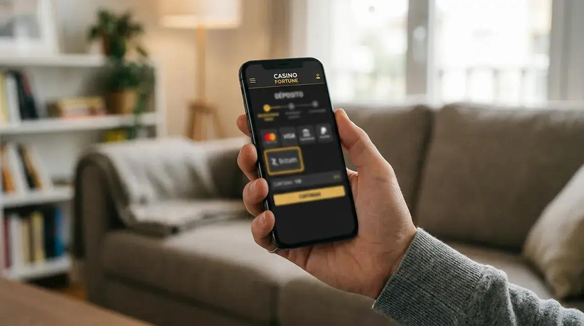 Mano sosteniendo un teléfono móvil con la interfaz de un casino online y el botón de depósito Bizum visible