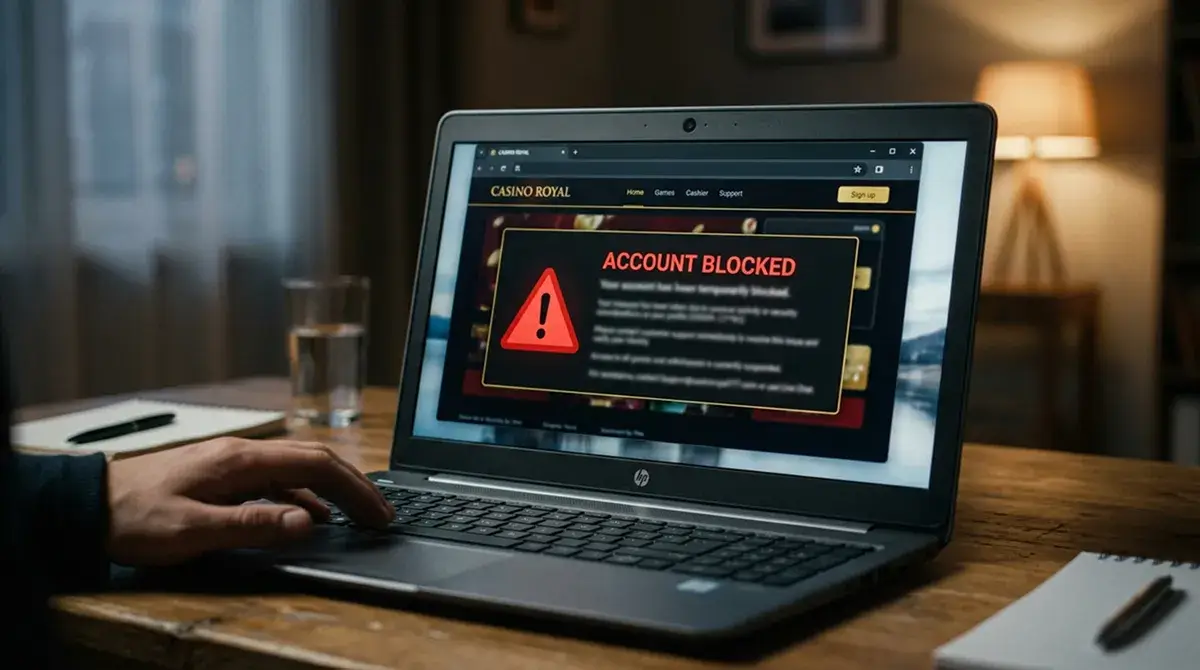 Pantalla de ordenador mostrando un perfil de usuario bloqueado en un casino online con un aviso de cuenta duplicada