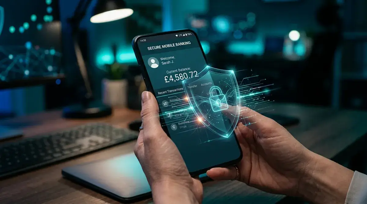 Escudo de protección digital superpuesto sobre la pantalla de un teléfono con la app bancaria abierta