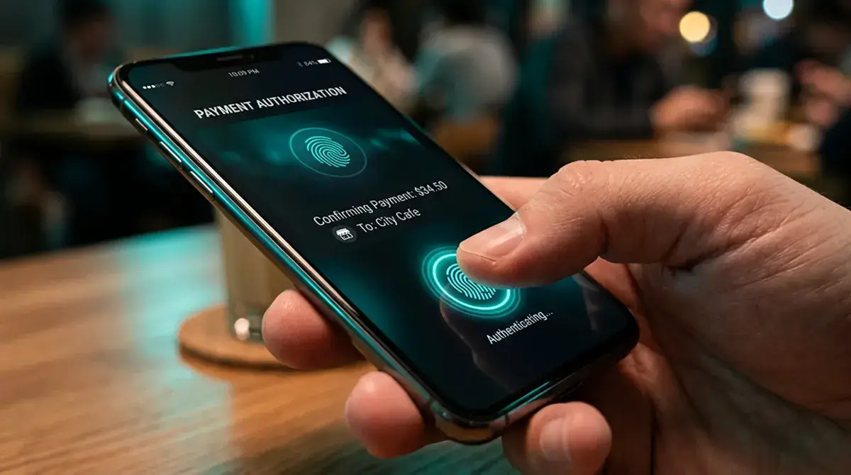 Teléfono móvil mostrando la pantalla de autenticación biométrica con huella dactilar para confirmar un depósito