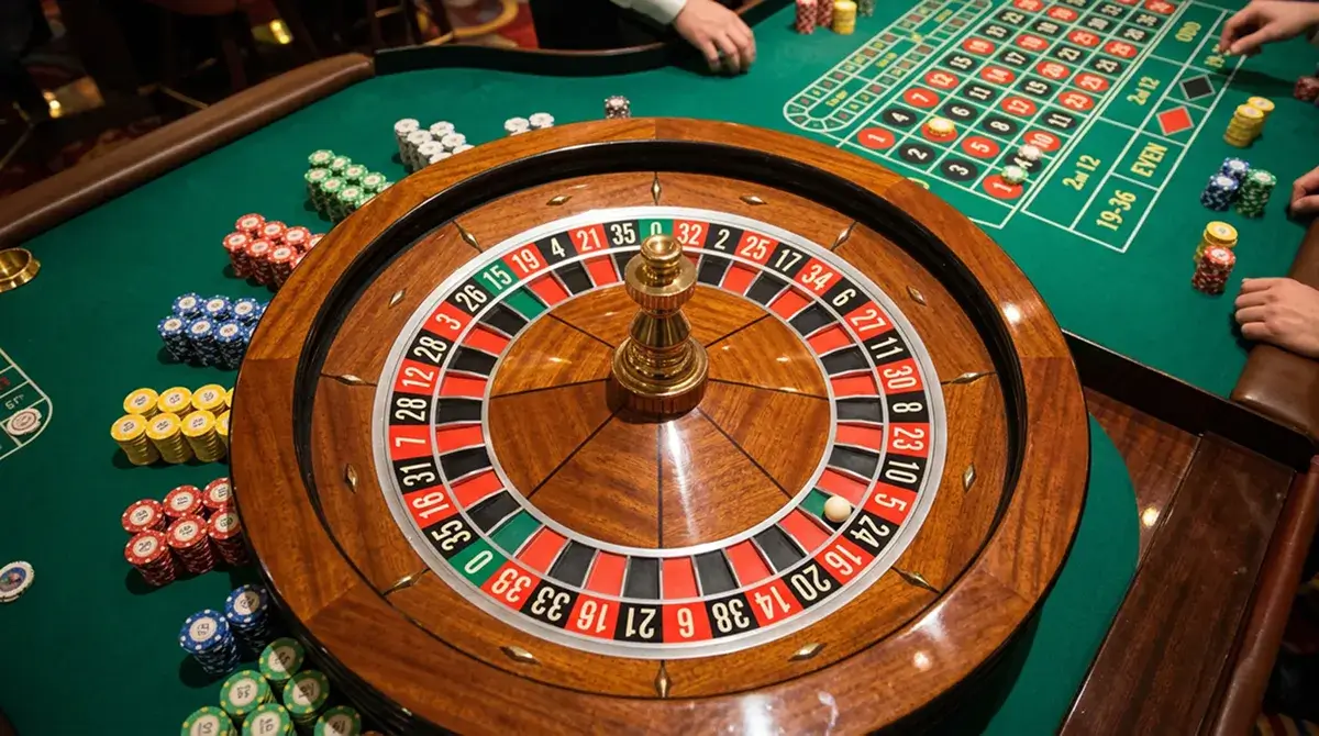 Rueda de ruleta europea vista desde arriba con la bola detenida en un número y fichas de colores alrededor