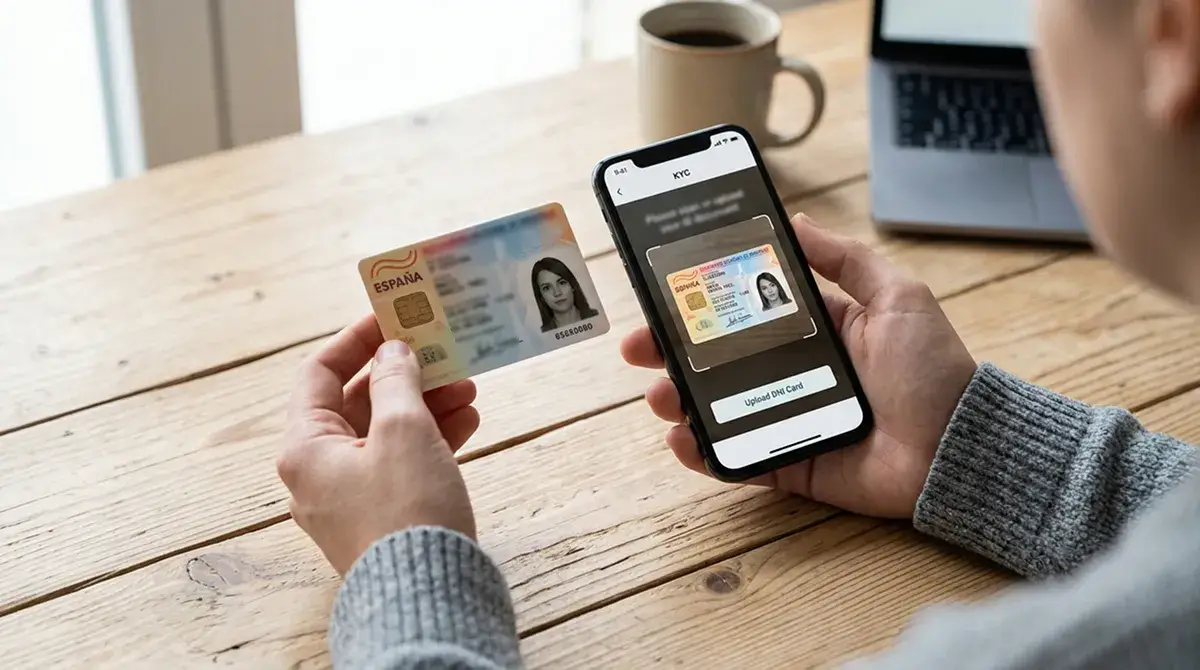 Documento de identidad español junto a un teléfono móvil con la interfaz de verificación KYC de un casino