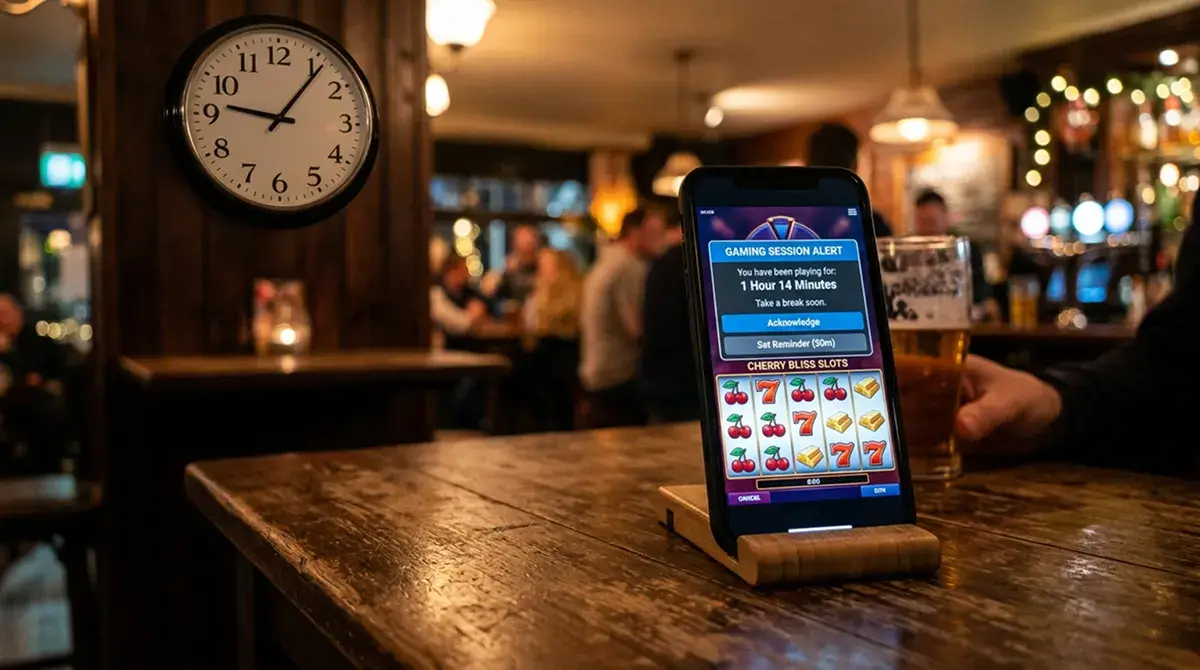 Reloj digital superpuesto sobre la interfaz de un casino online mostrando el tiempo de sesión transcurrido