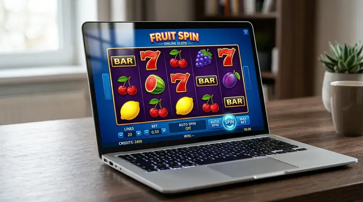 Pantalla de una tragaperras online con los rodillos mostrando símbolos de frutas clásicos y un panel de apuestas