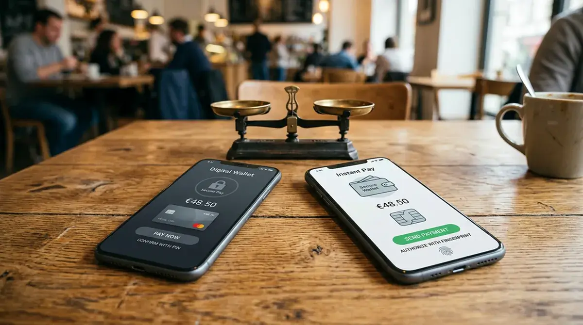 Dos teléfonos móviles enfrentados, uno con la interfaz de Bizum y otro con la de PayPal, sobre una mesa