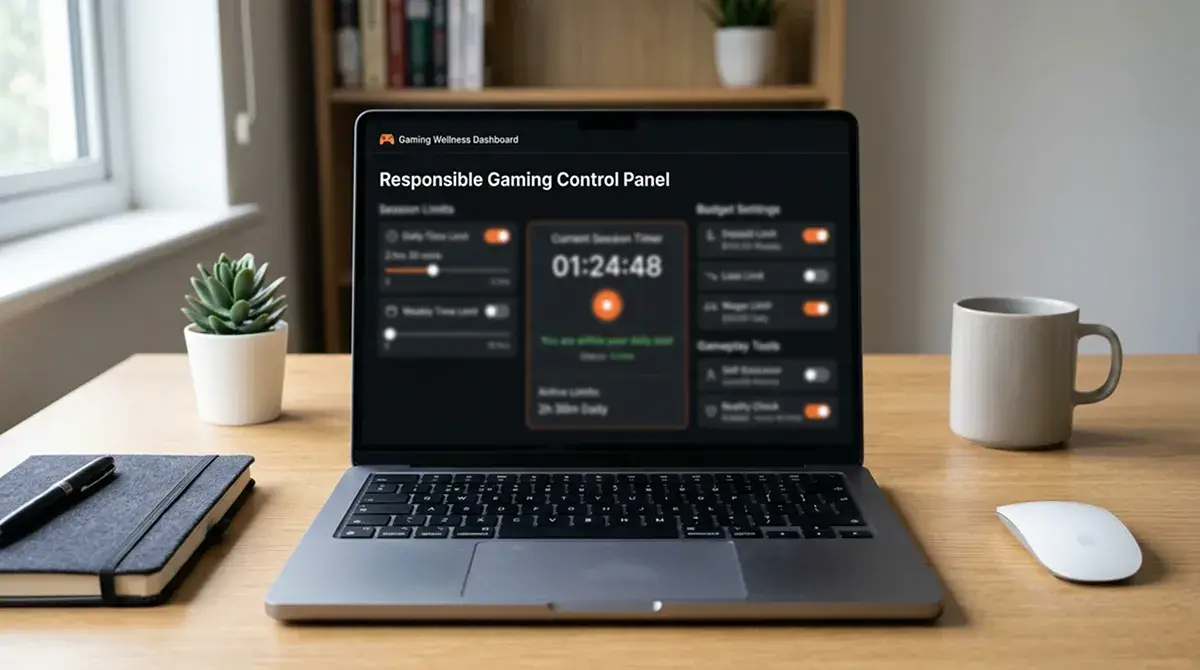 Panel de control de juego responsable en la interfaz de un casino online con opciones de límites configurables