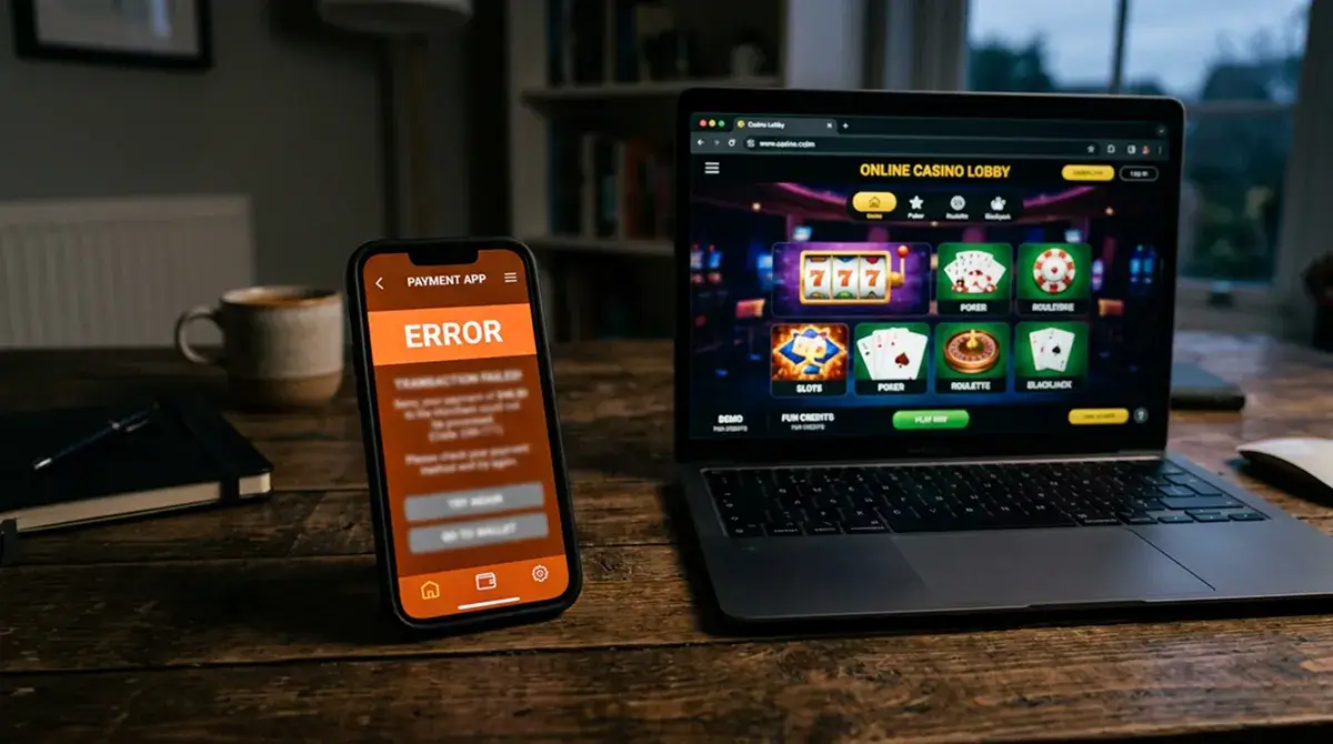 Teléfono móvil mostrando un mensaje de error de depósito junto a un portátil con la interfaz de un casino online
